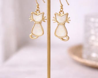 Gold Cat Dangle Earrings, White Opal Inlay, Minimalist Cat Jewelry