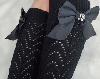 Women's Knitted   Leg Warmers   with black color beaded bow pin Cute  and Warm