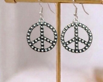 Silver Peace Sign Earrings, Retro Boho Festival Jewelry, Lightweight Symbol Gift