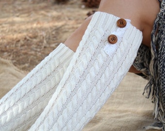 Women's Knitted   Leg Warmers   with Venice Lace and Buttons Cute  and Warm white color