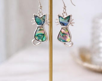 Abalone Cat Dangle Earrings, Iridescent Shell Animal Jewelry
