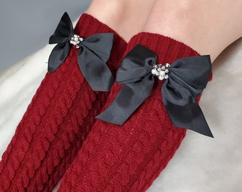Women's Knitted   Leg Warmers   with black color beaded bow pin Cute  and Warm