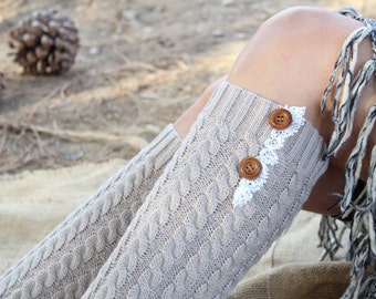Leg warmers / Socks for woman /Women's Knitted  Boot Socks   with Venice Lace and Buttons Cute  and Warm Cream    color