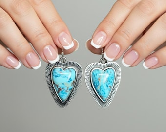Turquoise Heart Dangle Earrings, Vintage Silver Setting, Boho Western Jewelry
