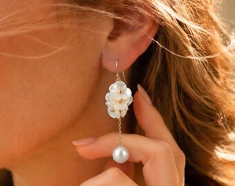 Pearl Flower Dangle Earrings, White Floral Gold Drop Bridal Wedding Jewelry