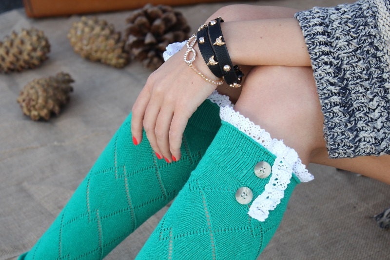 Women's Knitted Boot Socks with Venice Lace and Buttons Cute and Warm Green color