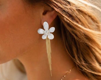 Statement Flower Tassel Earrings, Gold Chain Dangle, Lightweight Floral Jewelry
