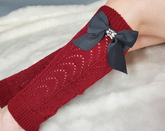 Women's Knitted   Leg Warmers   with black color beaded bow pin Cute  and Warm