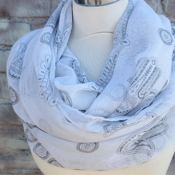 Fashion  infinity scarf  white  color with  hamsa hand  print  42  inch wide  68  inch ling great accessory for your outfit