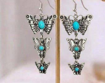 Turquoise Butterfly Dangle Earrings, Boho Silver Southwest Statement Jewelry