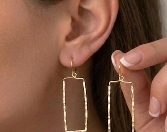 Hammered Gold Plated Rectangle Hoop Earrings, Minimalist Geometric Dangle Jewelry
