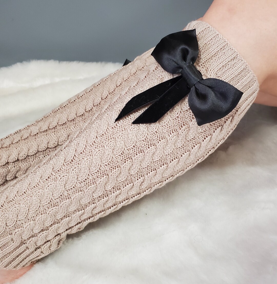 Cream Color Women's Knitted Leg Warmers With Black Bow Pin Cute and Warm / Leg Warmer /christmas