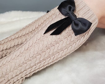 Cream color Women's Knitted  leg warmers with black bow pin  Cute  and Warm / leg warmer /Christmas gift/