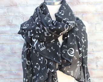 Scarf with music notes  print black and white color   for woman great accessory for your outfit