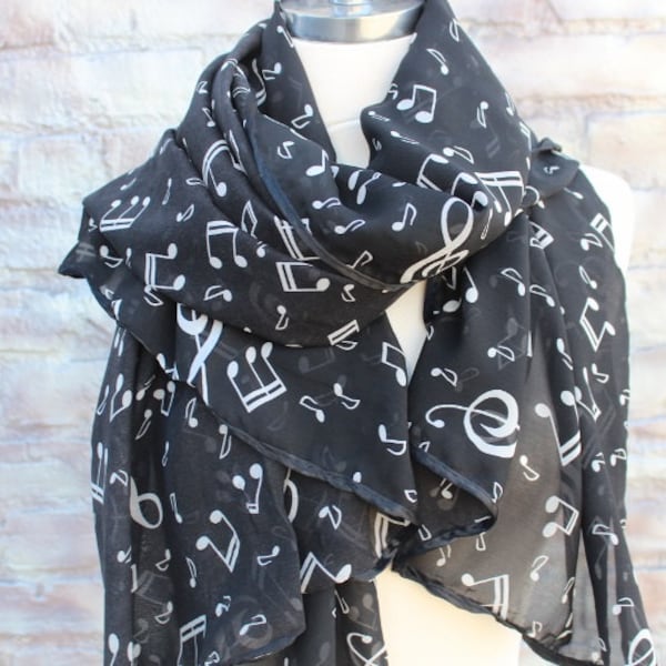 Scarf with music notes  print black and white color   for woman great accessory for your outfit