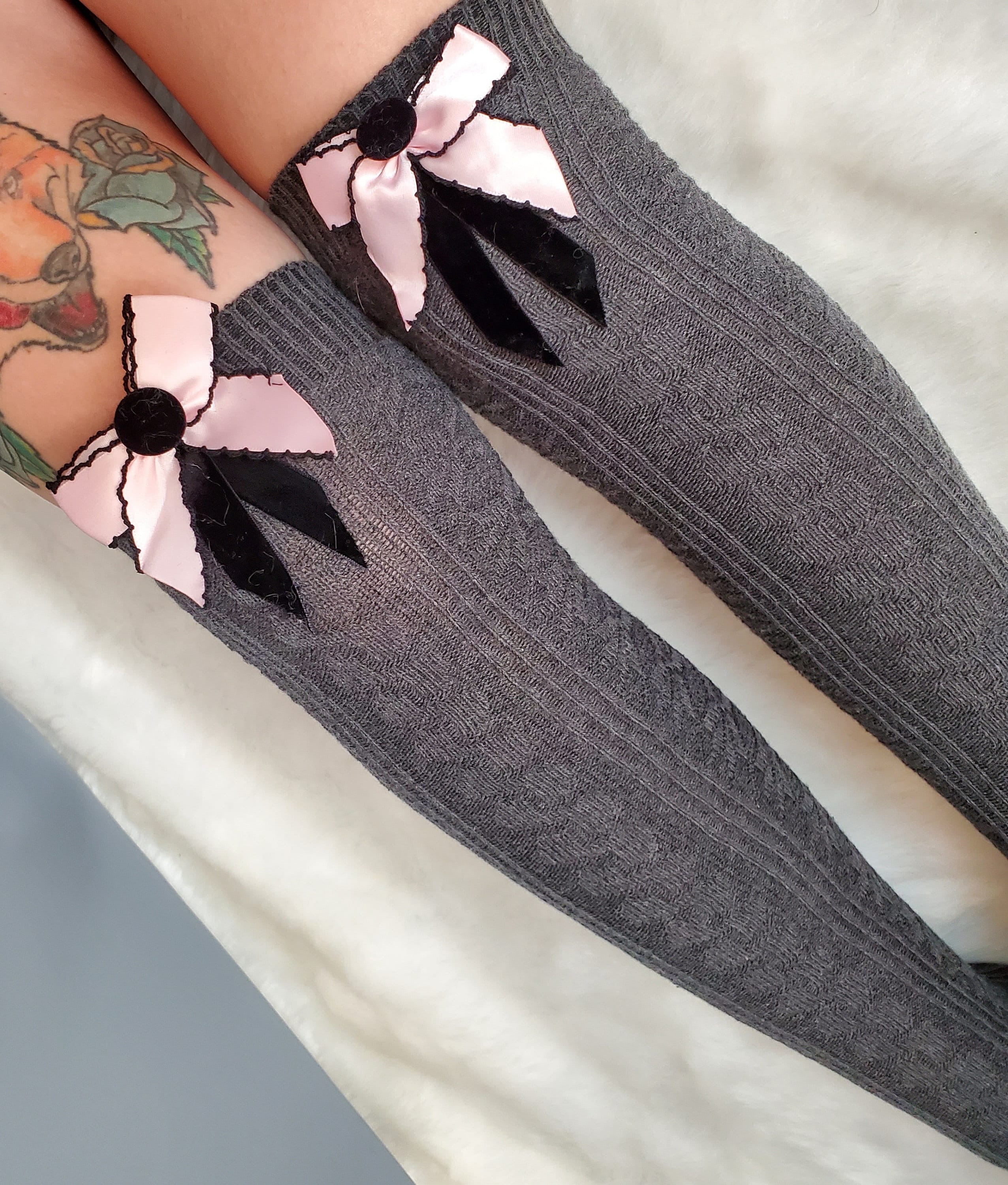 Women's Knitted Boot Socks with bow pin Cute and Warm Grey color