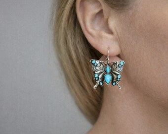 Turquoise Butterfly Earrings, Vintage Silver Boho Western Jewelry