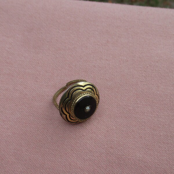 Flower Shaped Black Glass Faux Pearl Ring Broken Band, Repair, Repurpose