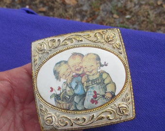 Vintage Farrington Laughing Children Porcelain & Metal Trinket Box