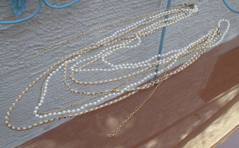 Retro Multi Strand Faux Pearl Ribbon Chain Graduated Length Necklace Repair Repurpose