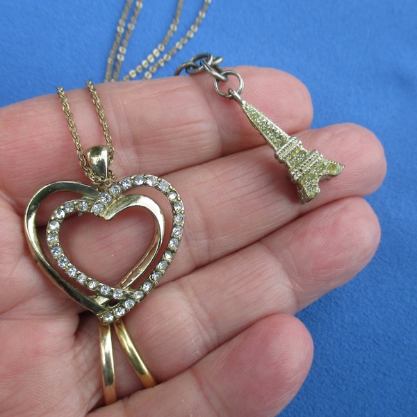 RMN Rhinestone Heart Pendant Necklace Plus Eiffel Tower Zipper Charm Missing Rhinestones