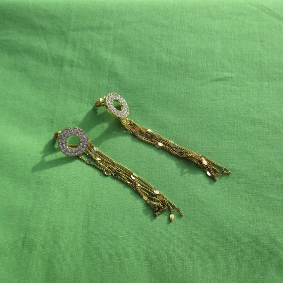 Clear Rhinestone Circular Dangling Chain Pierced … - image 2