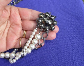 Grey Flower Faux Pearl Chain Multi Strand Broken Necklace, Repair, Repurpose