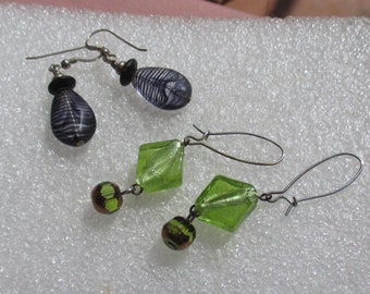 Lot Of Retro Glass Beaded Dangling Earrings Green Purple Stripes