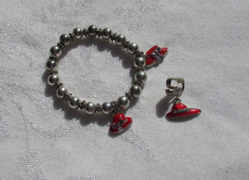 Retro Red Hat Beaded Stretch Charm Bracelet Plus Single Odd Earring Restring Repurpose