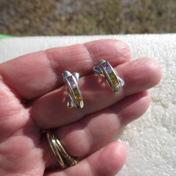 Multi Colored Square Rhinestone Dangling Pierced … - image 4