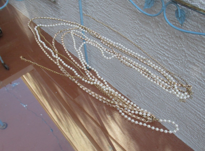 Retro Multi Strand Faux Pearl Ribbon Chain Graduated Length Necklace Repair Repurpose