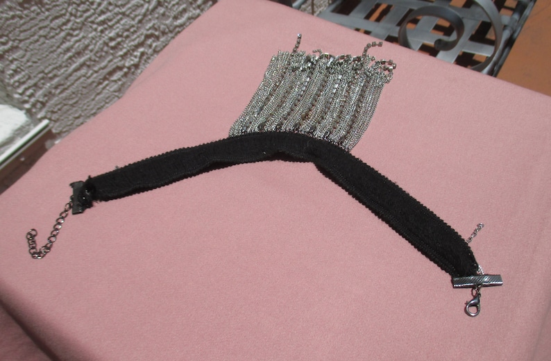 Vintage Rhinestone Waterfall Chains Black Fabric Choker Necklace TLC
