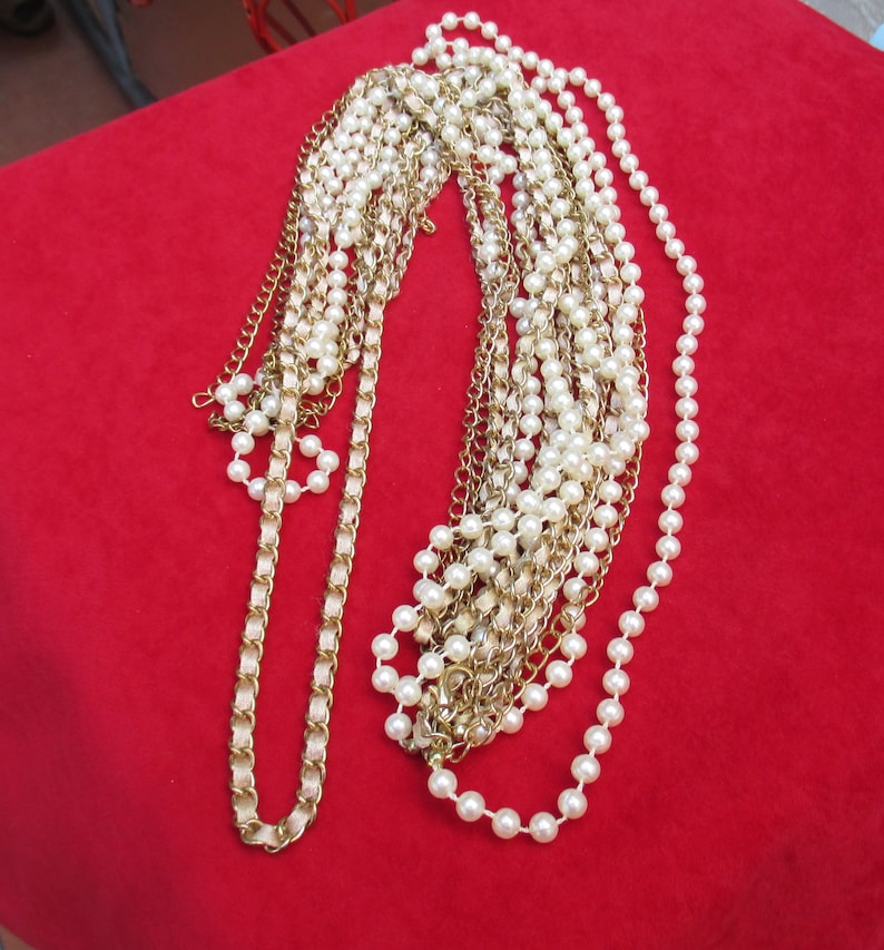 Retro Multi Strand Faux Pearl Ribbon Chain Graduated Length Necklace Repair Repurpose