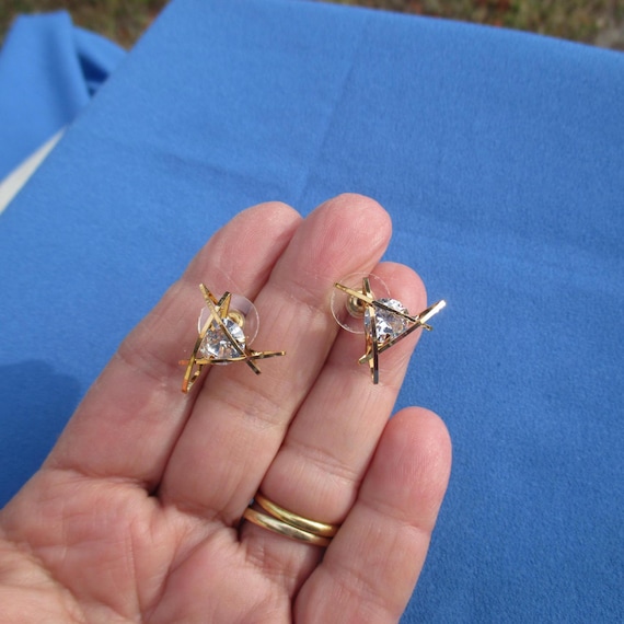 Clear Rhinestone Triangular Shaped Pierced Earrin… - image 1