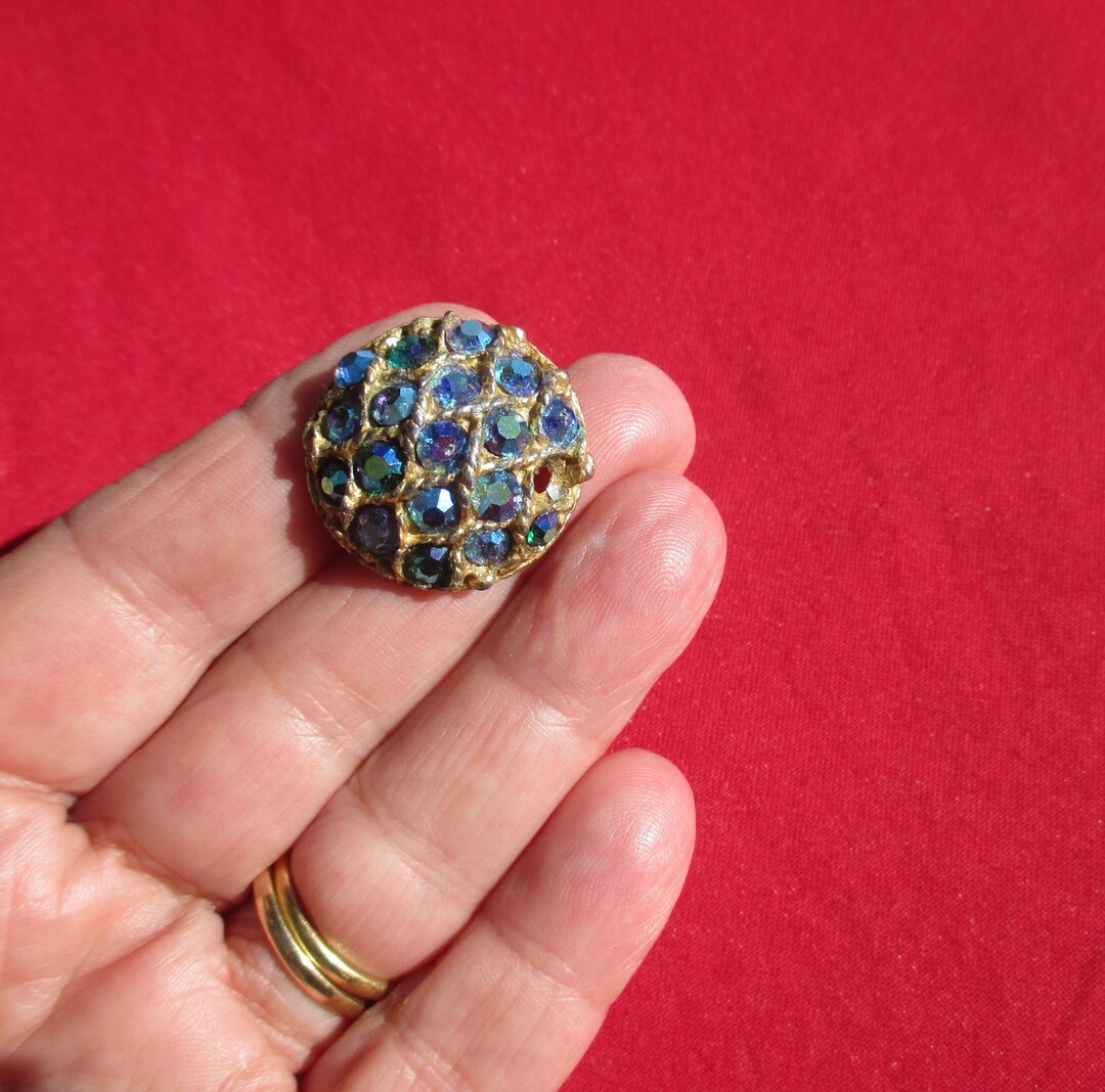 Round Blue Green Rhinestone Brooch Missing Rhinestone Repair Etsy