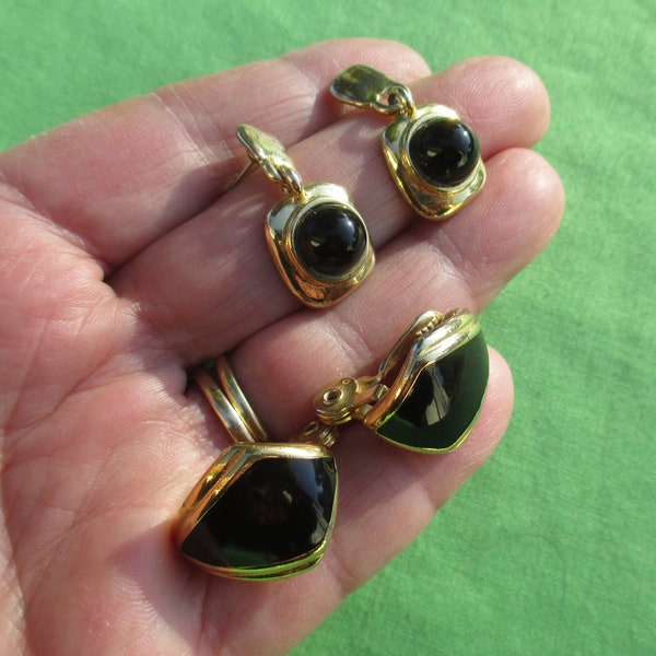 Monet Black Enamel Clip On Earrings Plus C. Stein Dangling Black Pierced Earrings