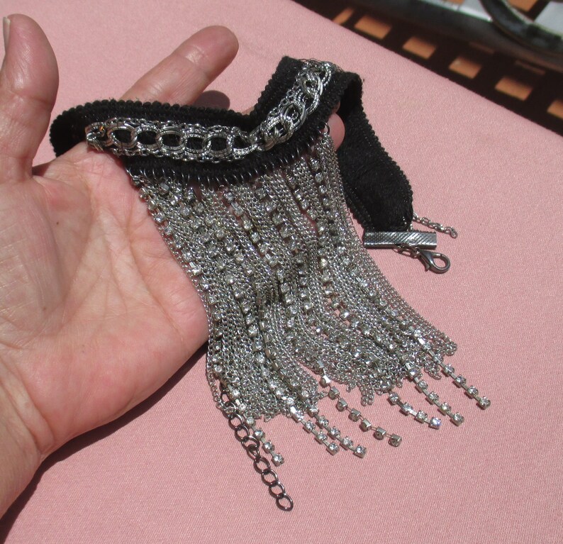 Vintage Rhinestone Waterfall Chains Black Fabric Choker Necklace TLC