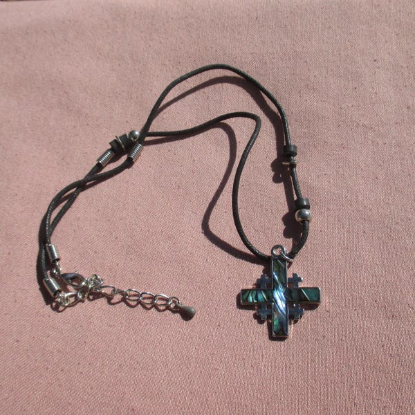 Paua Shell Cross Black Rope Necklace