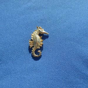 May include: A gold-colored seahorse pin. The seahorse is detailed with fins, a curved tail, and a pointed snout. The pin is set against a blue background.