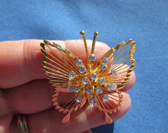 Monet Butterfly Clear Rhinestone Wire Metal Brooch