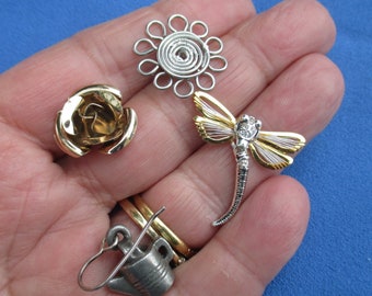Flower, Dragonfly & Watering Can Single Odd Earrings Lapel Pin One has Cut Off Post
