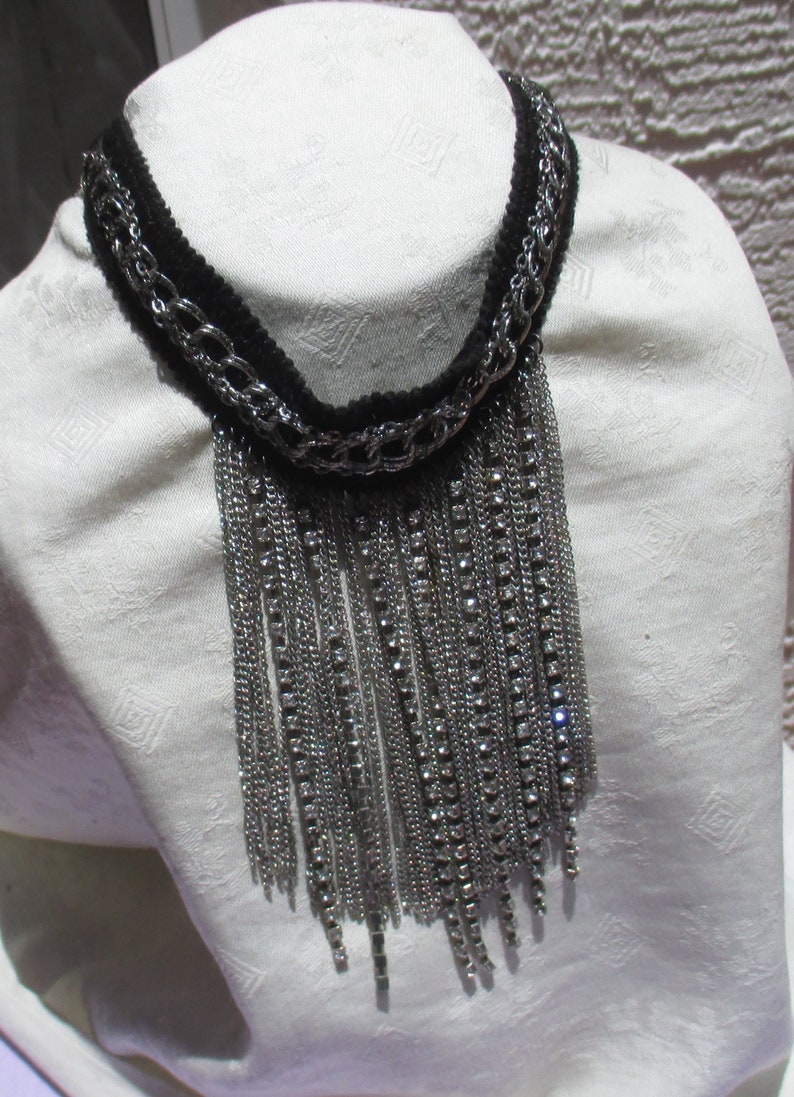 Vintage Rhinestone Waterfall Chains Black Fabric Choker Necklace TLC