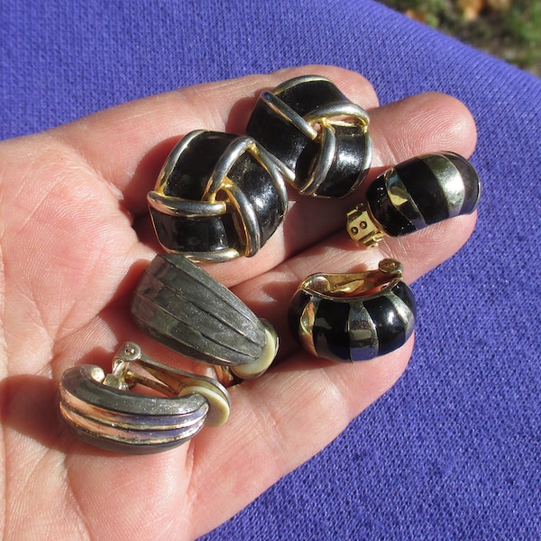 Lot Of Black & Grey Enameled Clip On, Pierced Earrings TLC