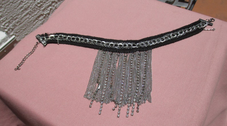 Vintage Rhinestone Waterfall Chains Black Fabric Choker Necklace TLC