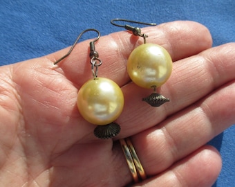 Champagne Colored Dangling Faux Pearl Pierced Earrings TLC