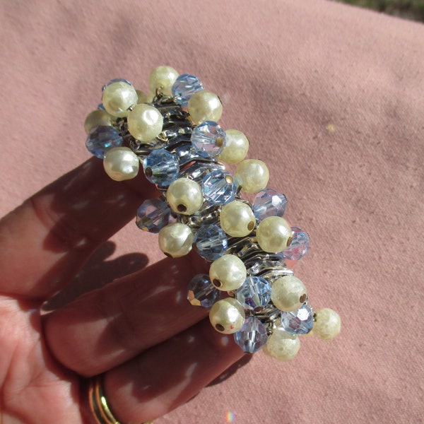 White Faux Pearl & Blue Beaded Cha Cha Style Bracelet Missing Beads