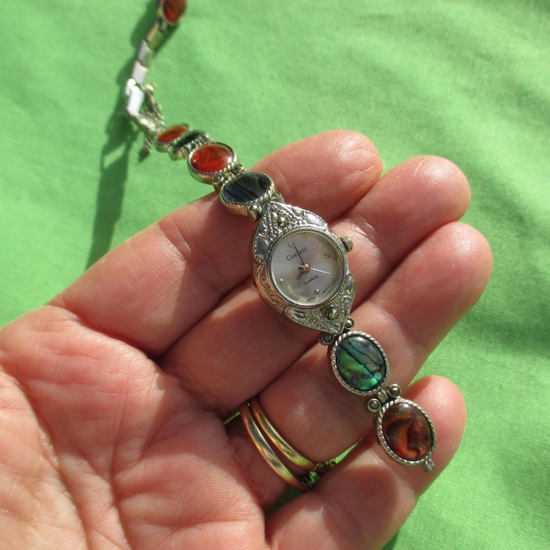 Broken Non Working Ladies Cassant Quartz Marcasite Multi Colored Paua Shell Watch zdjęcie 1