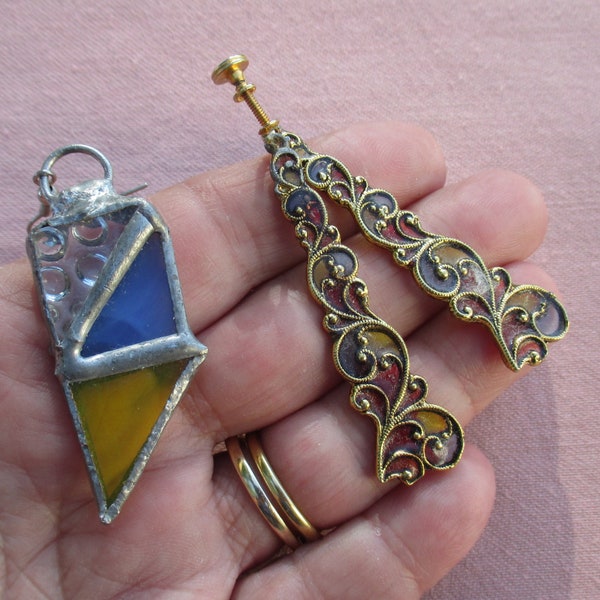 Mismatching Stained Glass & Stained Glass Look Dangling Earrings