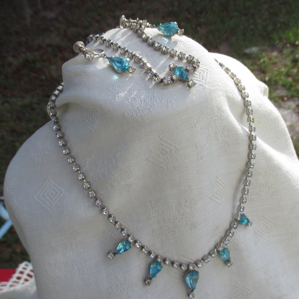 Clear & Aqua Colored Rhinestone Teardrop Jewelry Set
