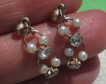 Vintage White Faux Pearl Rhinestone Dangling Pierced Earrings